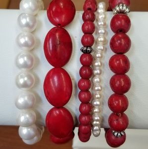 5pc Stretch Brac. Red Beads & Freshwater Pearls